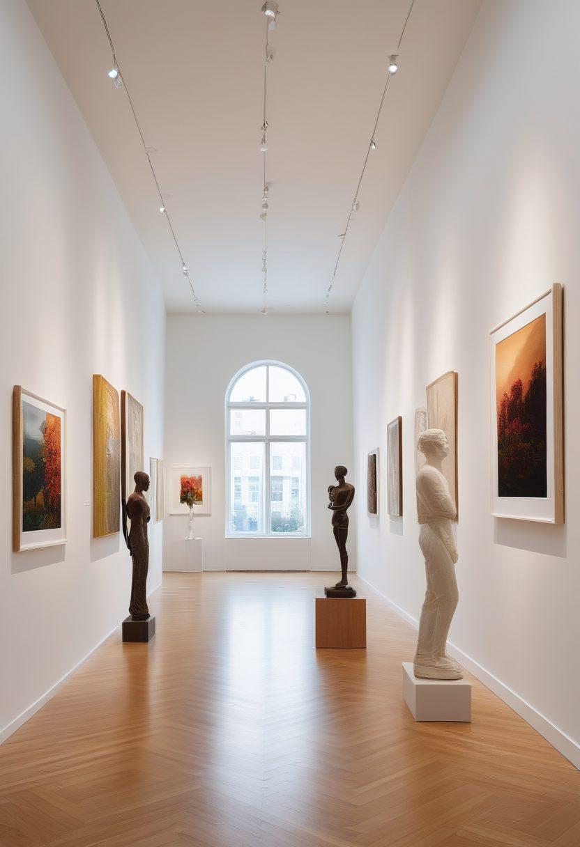 An elegant art gallery interior showcasing stunning photographic exhibitions, with sleek lighting accentuating vibrant visuals on the walls. Include visitors admiring the art, a minimalist design with modern sculptures, and large windows allowing natural light to flood in. Soft colors and dynamic compositions to evoke inspiration and creativity. super-realistic. vibrant colors.