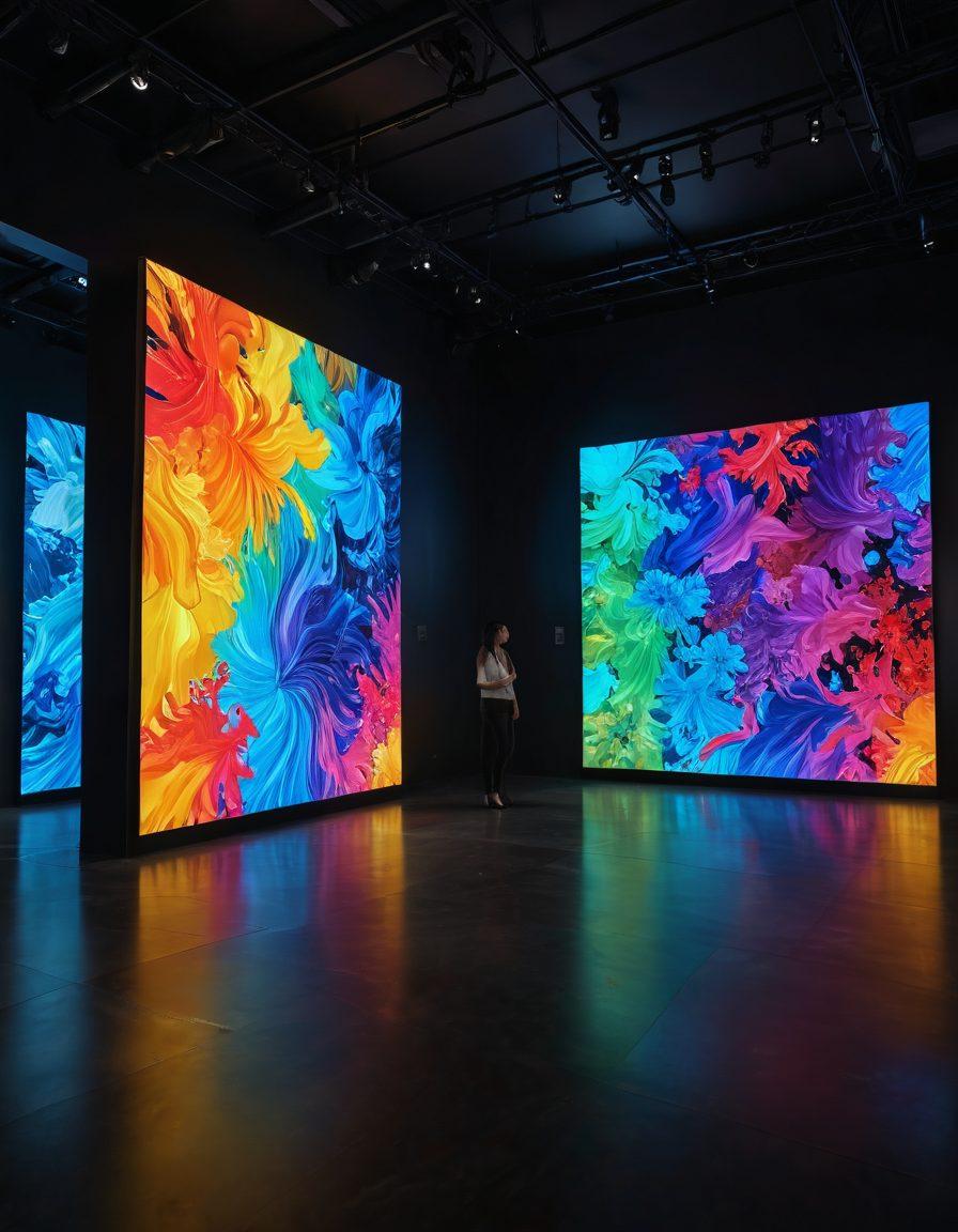 A captivating art gallery showcasing a blend of virtual and real artworks, with immersive digital installations alongside traditional paintings. The atmosphere is vibrant, with visitors interacting with holographic displays and augmented reality exhibits. Soft lighting highlights textures and colors in both mediums, creating a harmonious flow between the virtual and physical art. Include elements like digital screens and sculptures that blur the line between digital and physical artistry. super-realistic. vibrant colors. contemporary style.