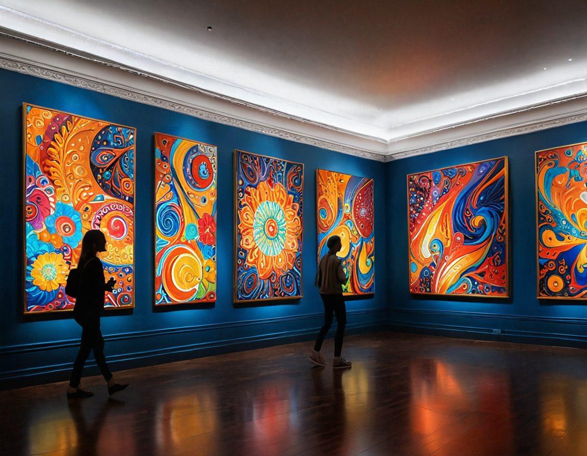 An imaginative, vibrant digital art gallery showcasing diverse art pieces on ornate walls, with visitors admiring the collections. Include colorful abstract art, interactive displays, and a whimsical atmosphere filled with light and creativity. Envision a blend of modern and classic styles in a spacious, inviting environment. super-realistic. vibrant colors. 3D.